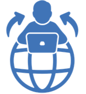 Icon of a person with arrows circling around their head and a globe with a laptop, representing global communication or online connectivity.