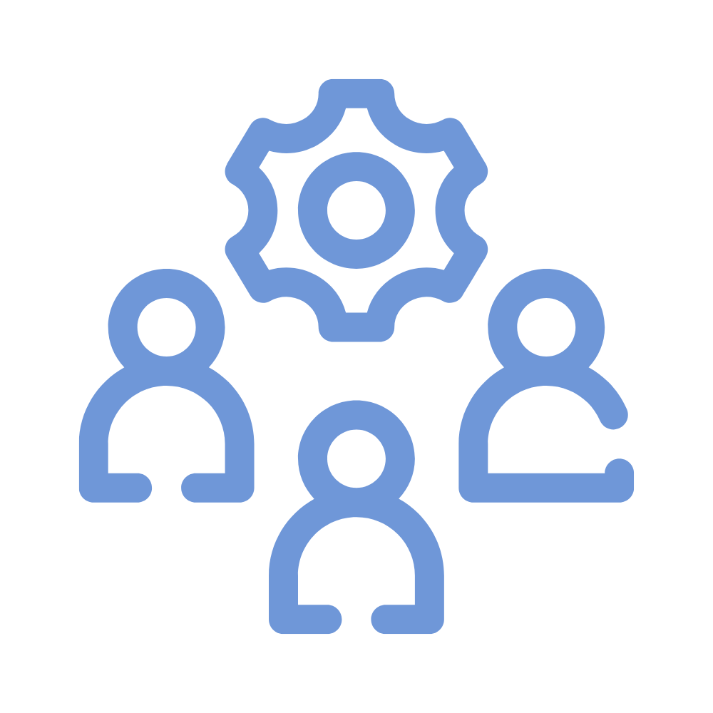 Icon of three human figures with a gear above them, representing team collaboration or management.