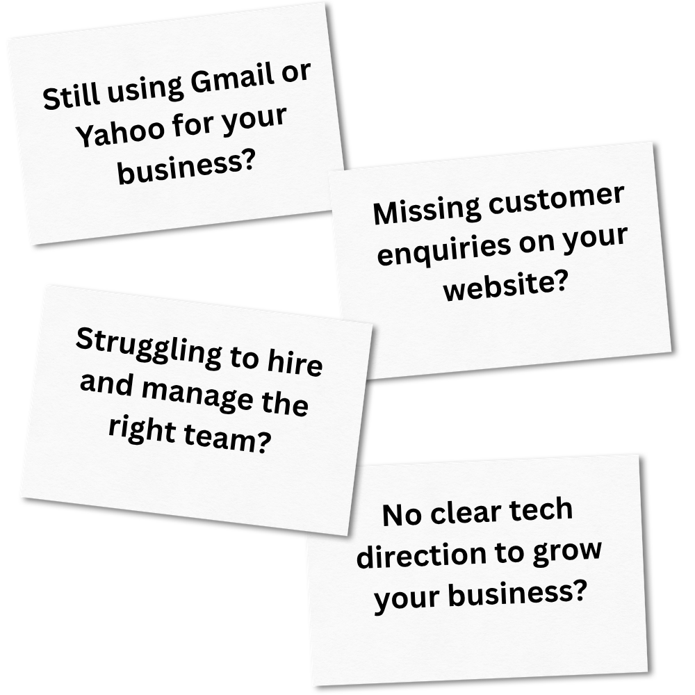 Four white sticky notes with black text questions about business, including using Gmail or Yahoo, handling customer inquiries, hiring teams, and tech direction.