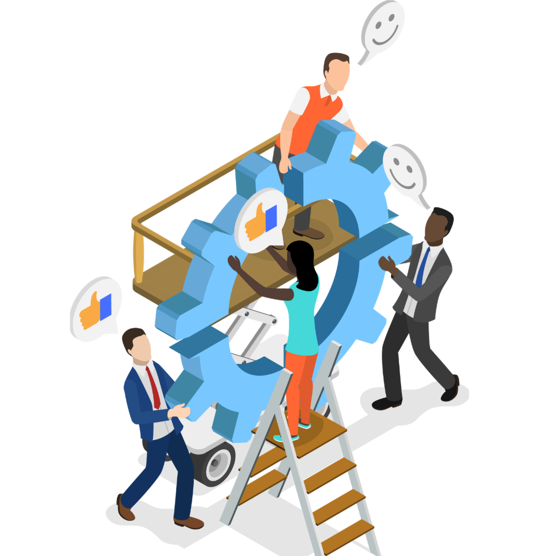 People assembling a large puzzle with social media icons, engaging and collaborating with speech bubbles showing thumbs up and happy faces.