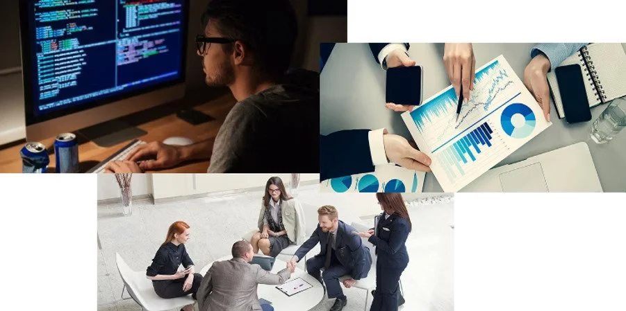 Collage of business scenes: a person working on a computer with code, a group analyzing charts and graphs on paper, and a group shaking hands in a meeting.