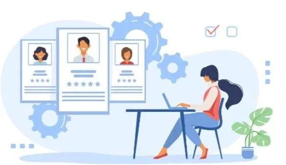 An illustration of a woman working on a laptop at a desk with three digital profiles or resumes displayed on screens, surrounded by gears, checkmarks, and a potted plant in the background.