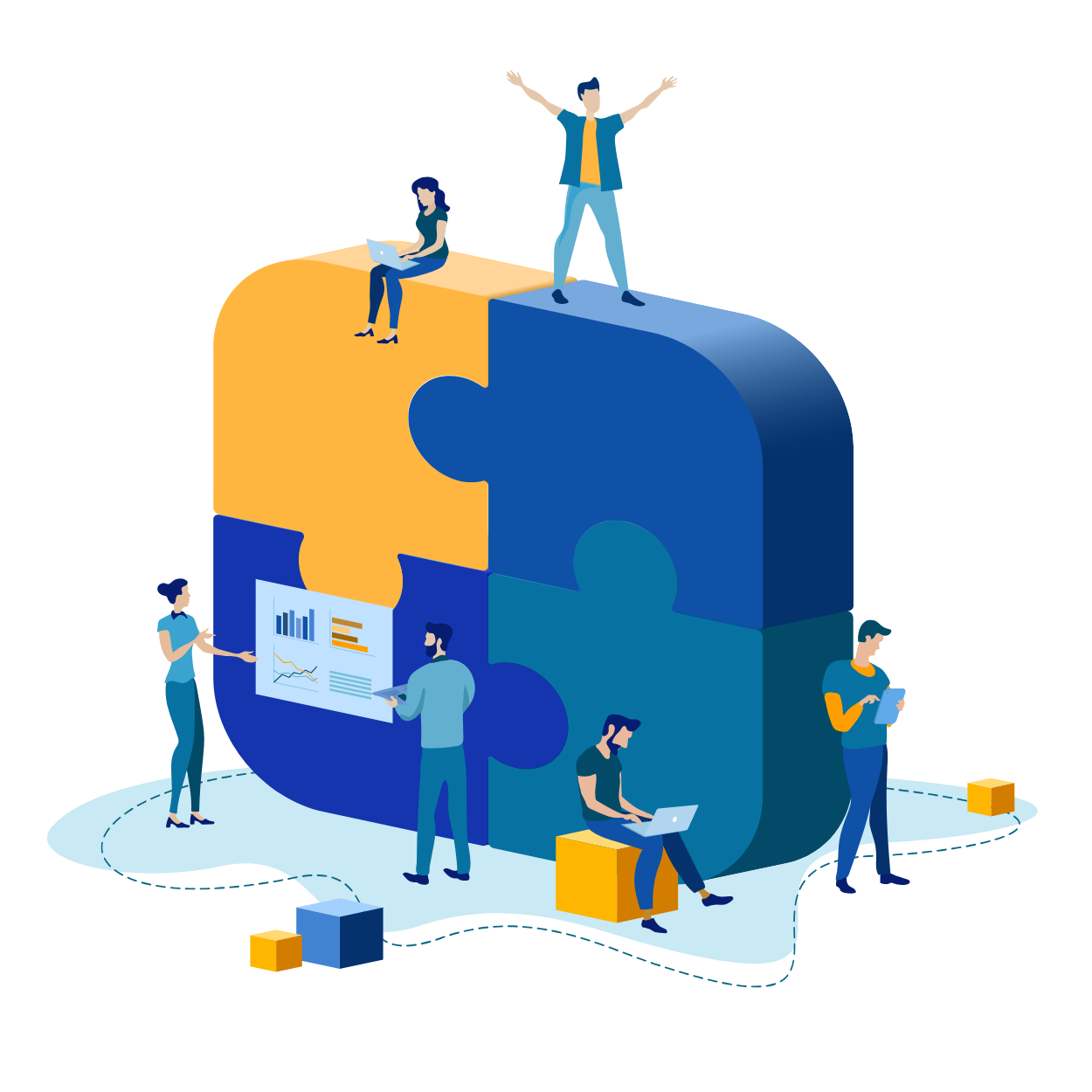 Illustration of four people communicating around a large, three-dimensional puzzle cube, with some working on laptops, showing graphs, and engaging in discussions.