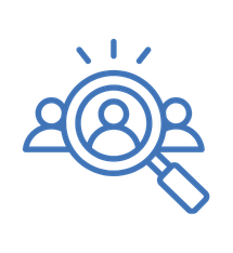 Icon of three people with a magnifying glass focusing on a person in the center, representing searching or analyzing a group.