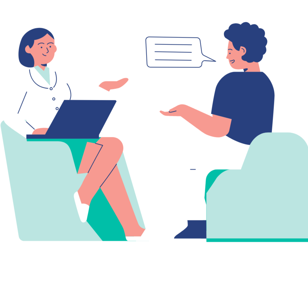 Illustration of two people sitting on chairs facing each other, engaged in conversation. One person has a laptop on their lap and is using hand gestures, while the other person is speaking with a speech bubble.