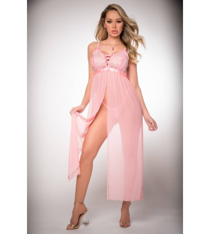 G World 2pc Empire Waist Laced Sheer Dress & Panty Baby Pink