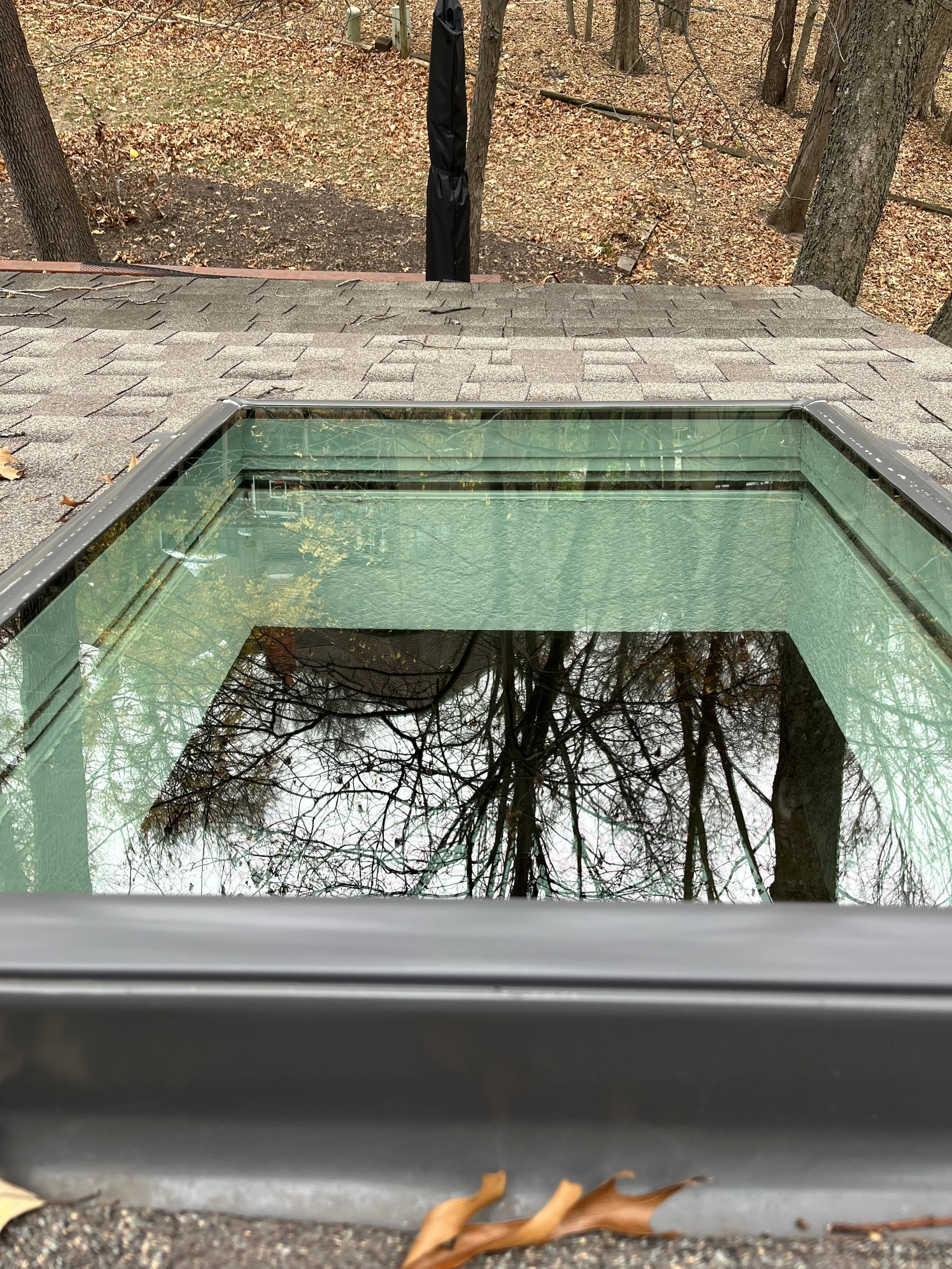 A square glass skylight on a shingled roof reflects the surrounding trees and sky.