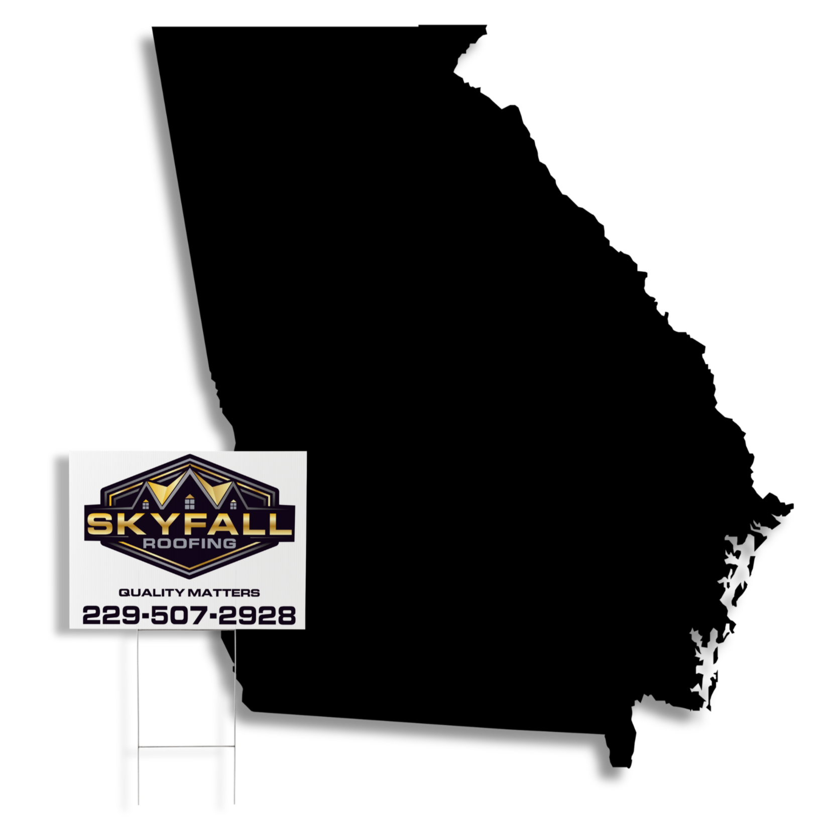 Sign for SkyFall Roofing with logo, phone number 229-507-2928, and the slogan 'Quality Matters' on a white background