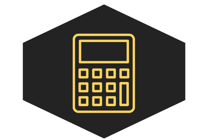 Yellow line drawing of a calculator on a black background