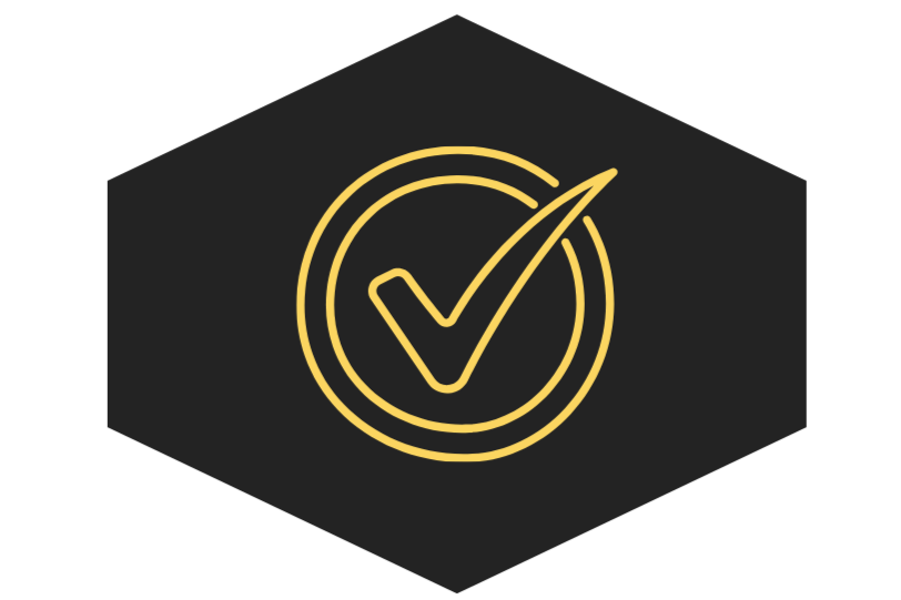 Yellow check mark inside a circle on a black background.