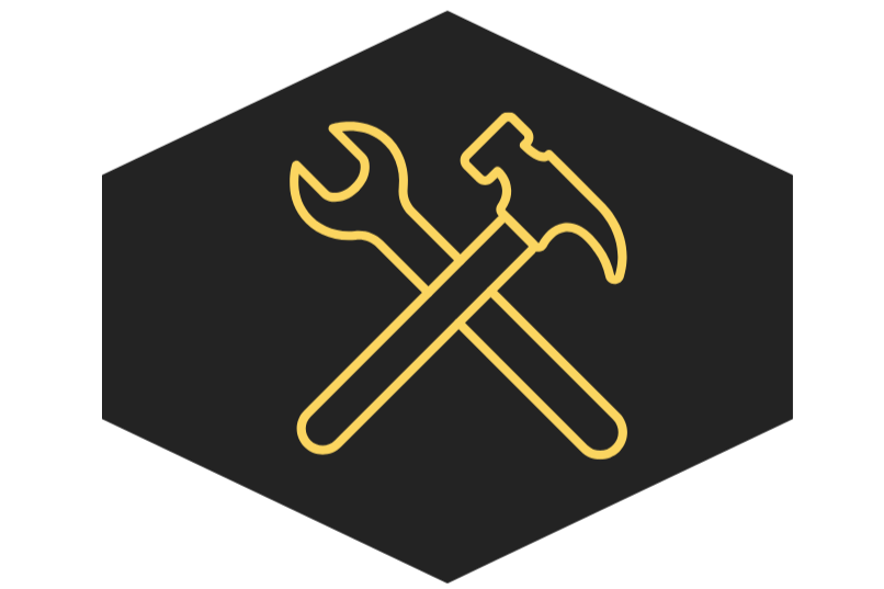 Outline of a wrench and hammer crossed over each other on a dark background.