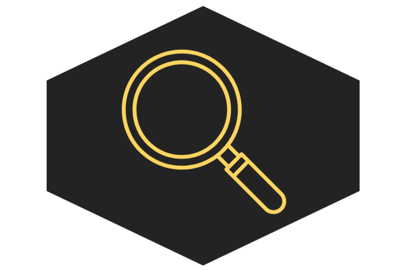 A yellow magnifying glass icon on a black background.