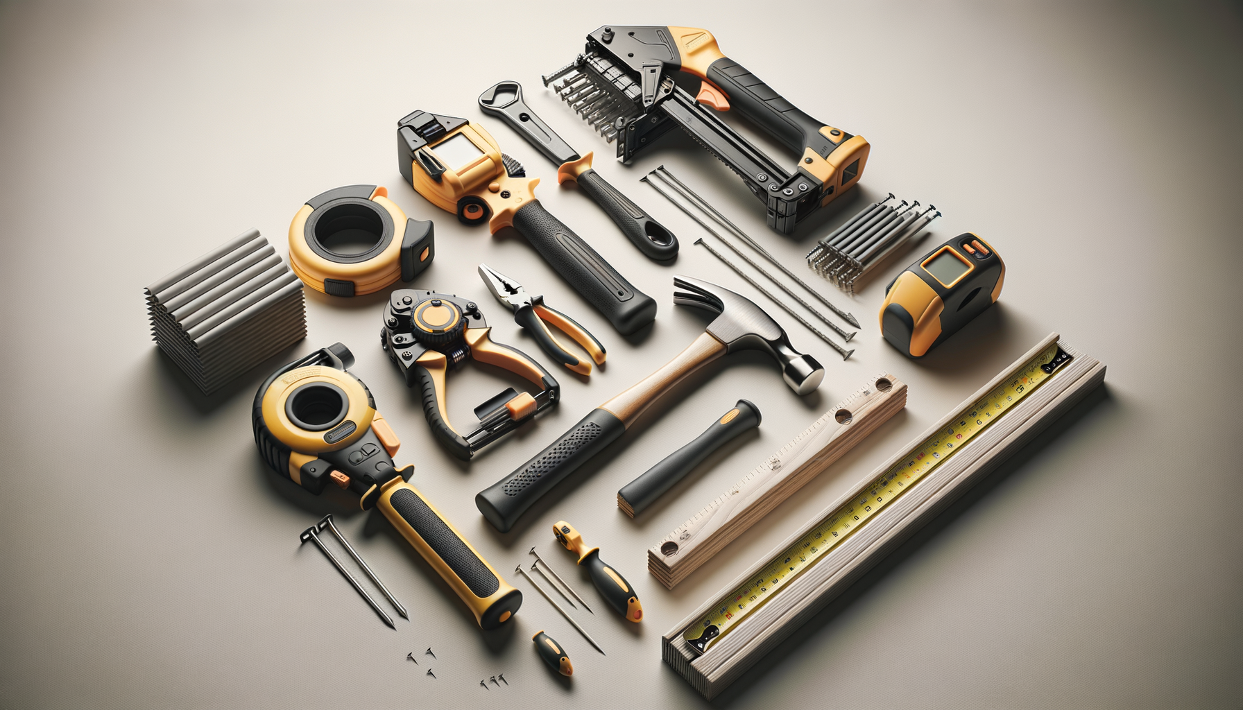 Collection of power tools and hand tools arranged on a flat surface, including drills, hammers, wrenches, measuring tapes, screwdrivers, and nails.