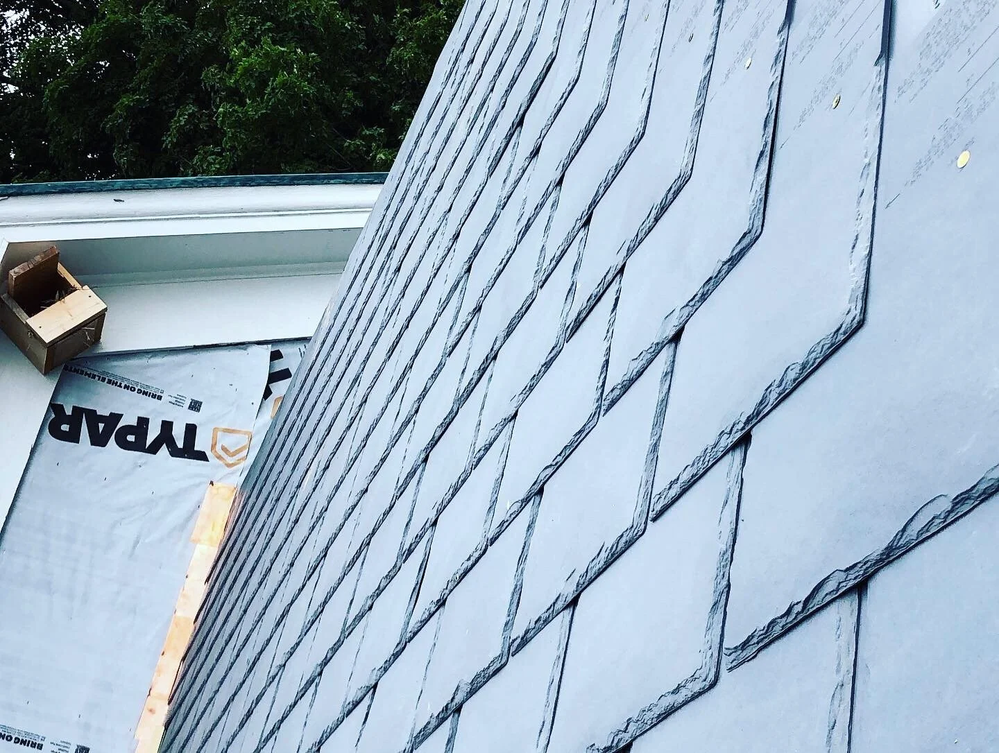 Close-up of a new gray shingle roof on a house under construction, with a partially visible insulation layer labeled "TYVEK" in the background.