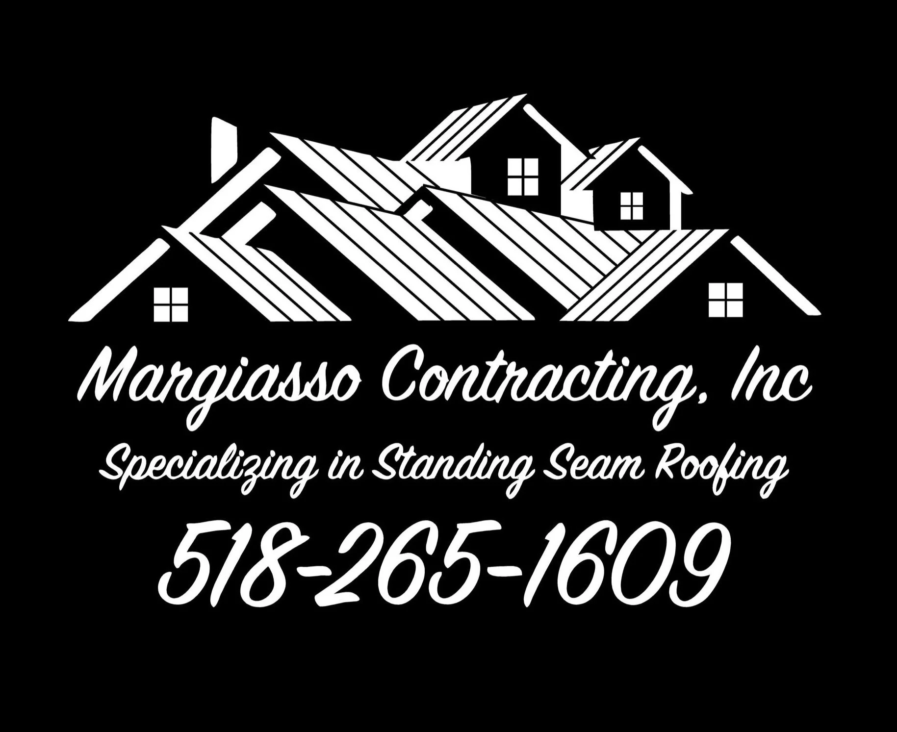 Logo of Margiasso Contracting, Inc featuring a stylized black and white illustration of houses with standing seam roofs, company name, slogan, and phone number.