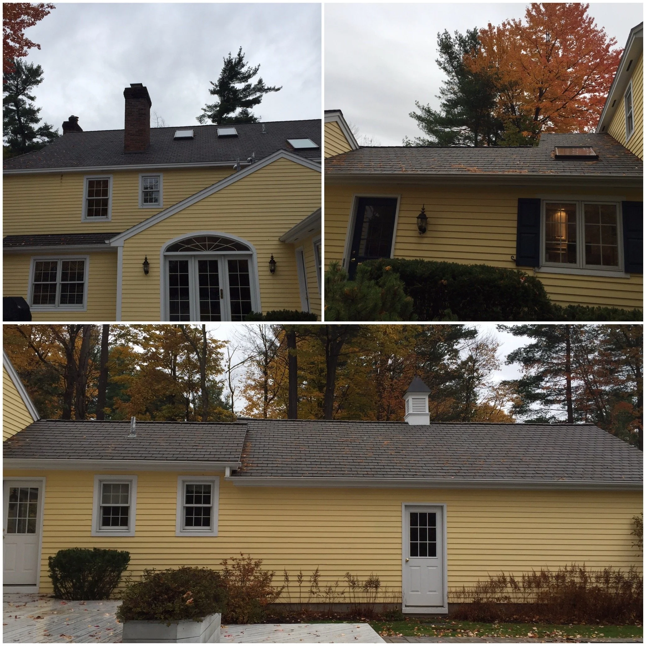 Three images of a yellow house with black shutters, showing different angles of the roof and exterior during autumn.