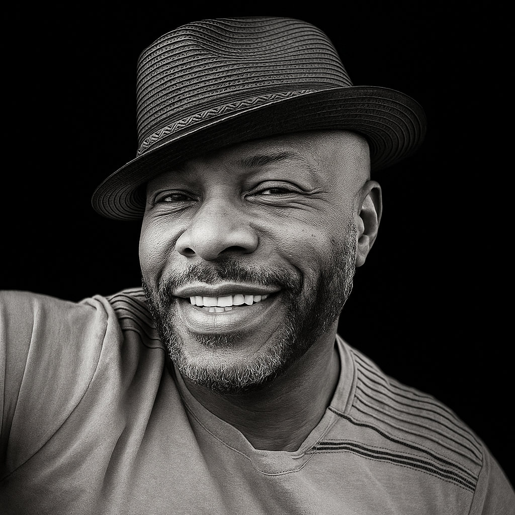 Black and white close-up portrait of a smiling man wearing a hat and casual shirt.