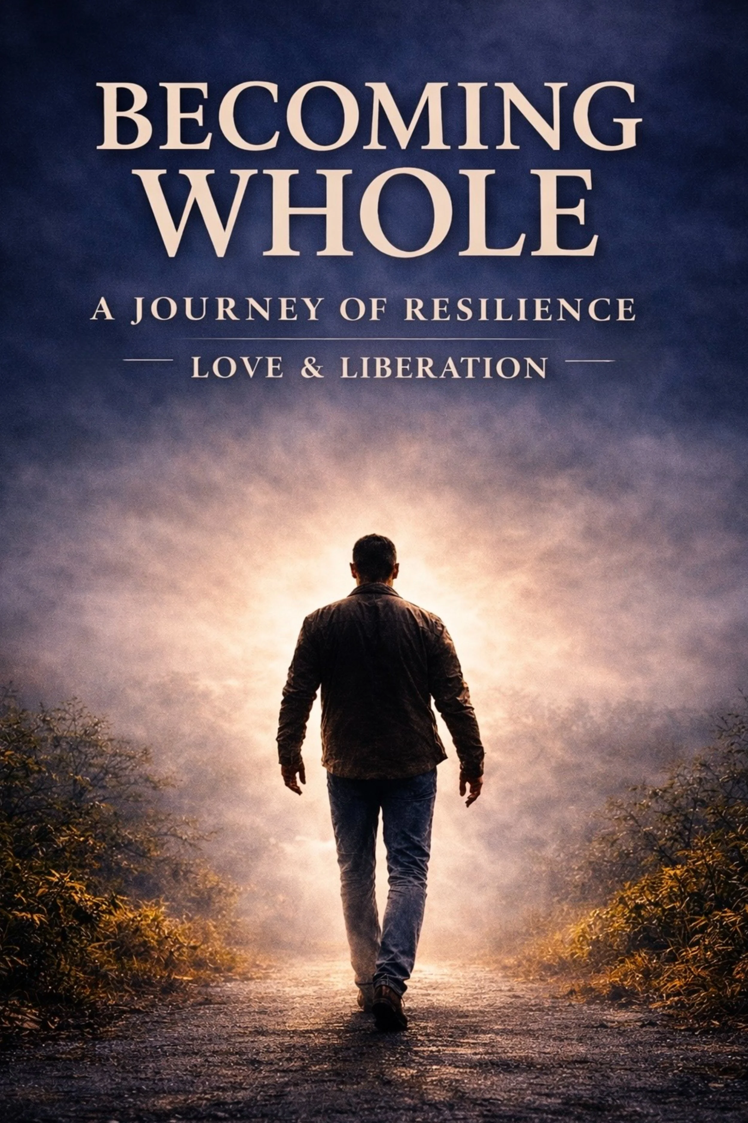 Book cover titled 'Becoming Whole: A Journey of Resilience, Love & Liberation,' featuring a man walking on a path toward a bright light in the sky.