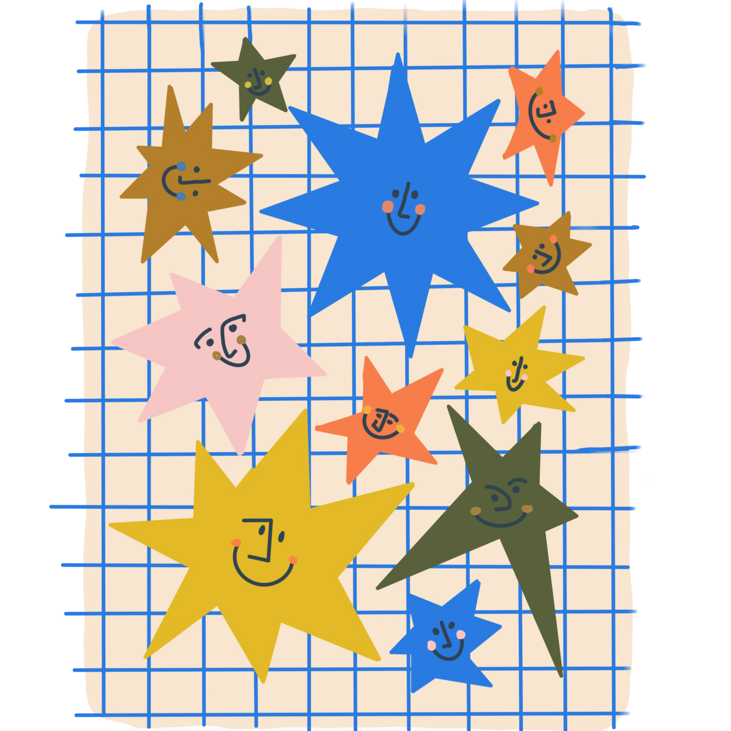 Colorful star-shaped stickers with smiling faces on a blue grid surface.