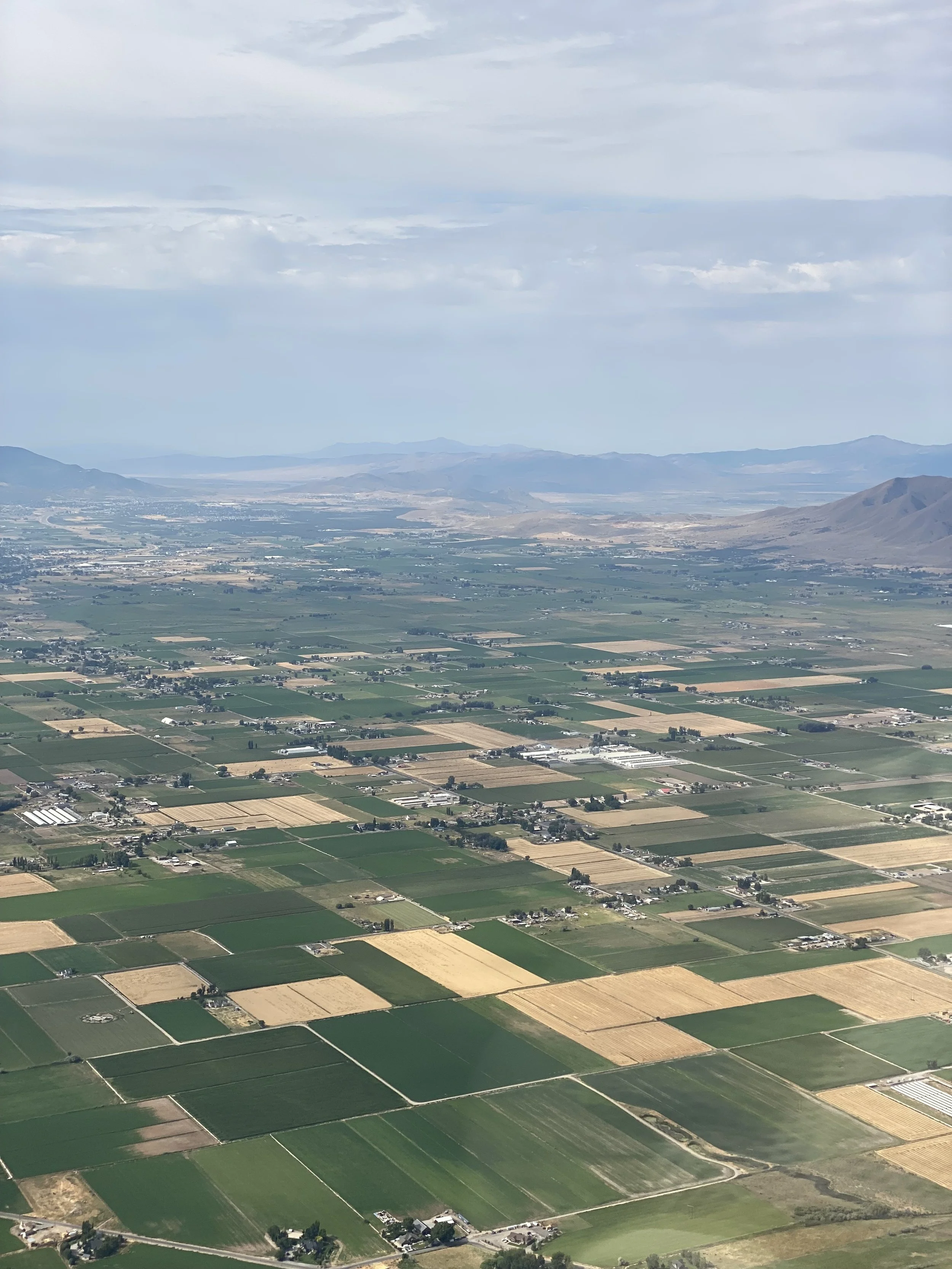 Aerial view of farmland with green and tan rectangular fields, scattered farm buildings, and distant mountains under a partly cloudy sky.