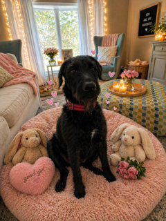 Black dog wearing a red collar sitting on a pink rug, surrounded by stuffed animals and pink heart-shaped pillows, in a cozy living room with large windows, beige sofa, and floral decor.