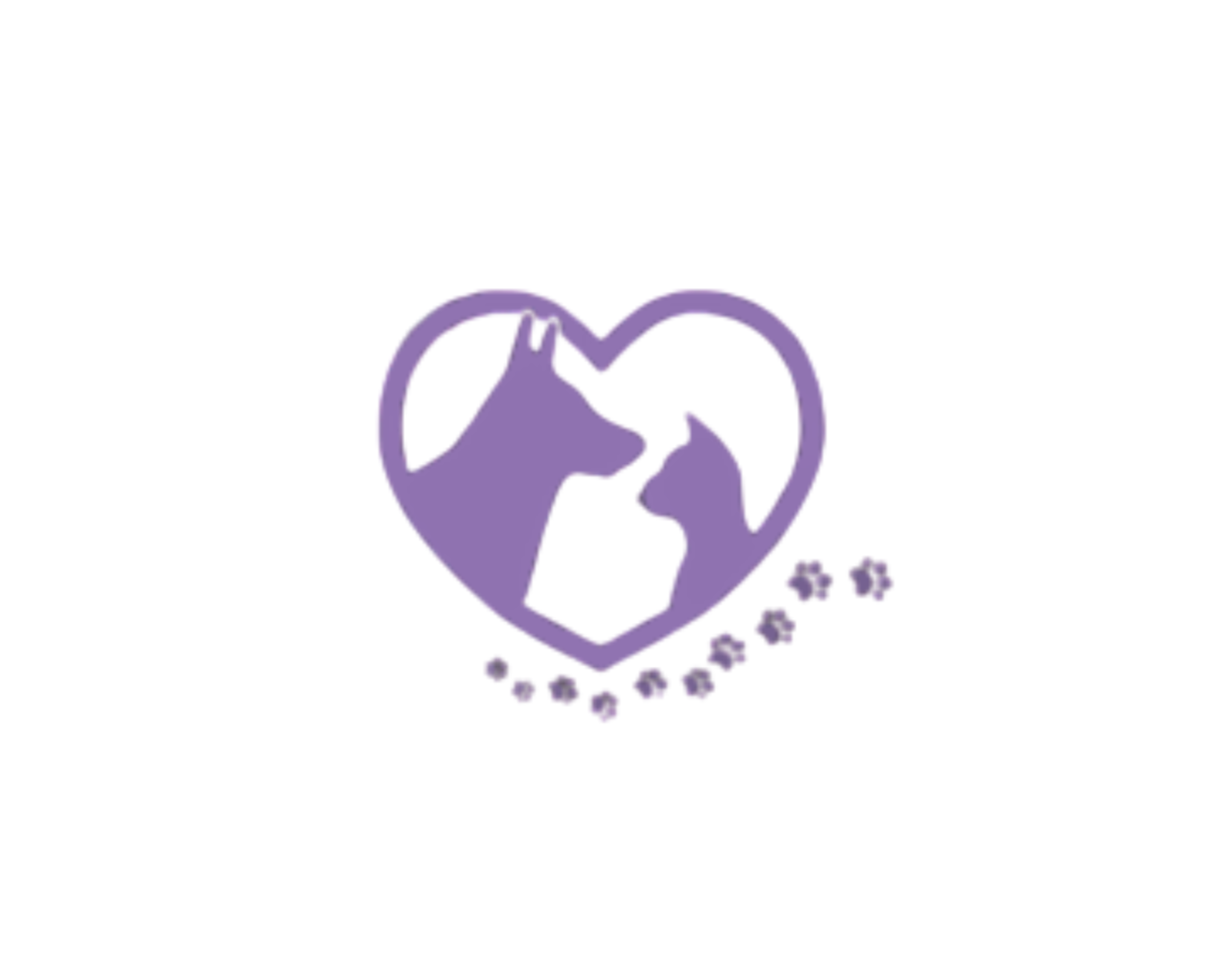 Purple heart-shaped outline with silhouette of a dog and cat facing each other inside, surrounded by small paw prints.