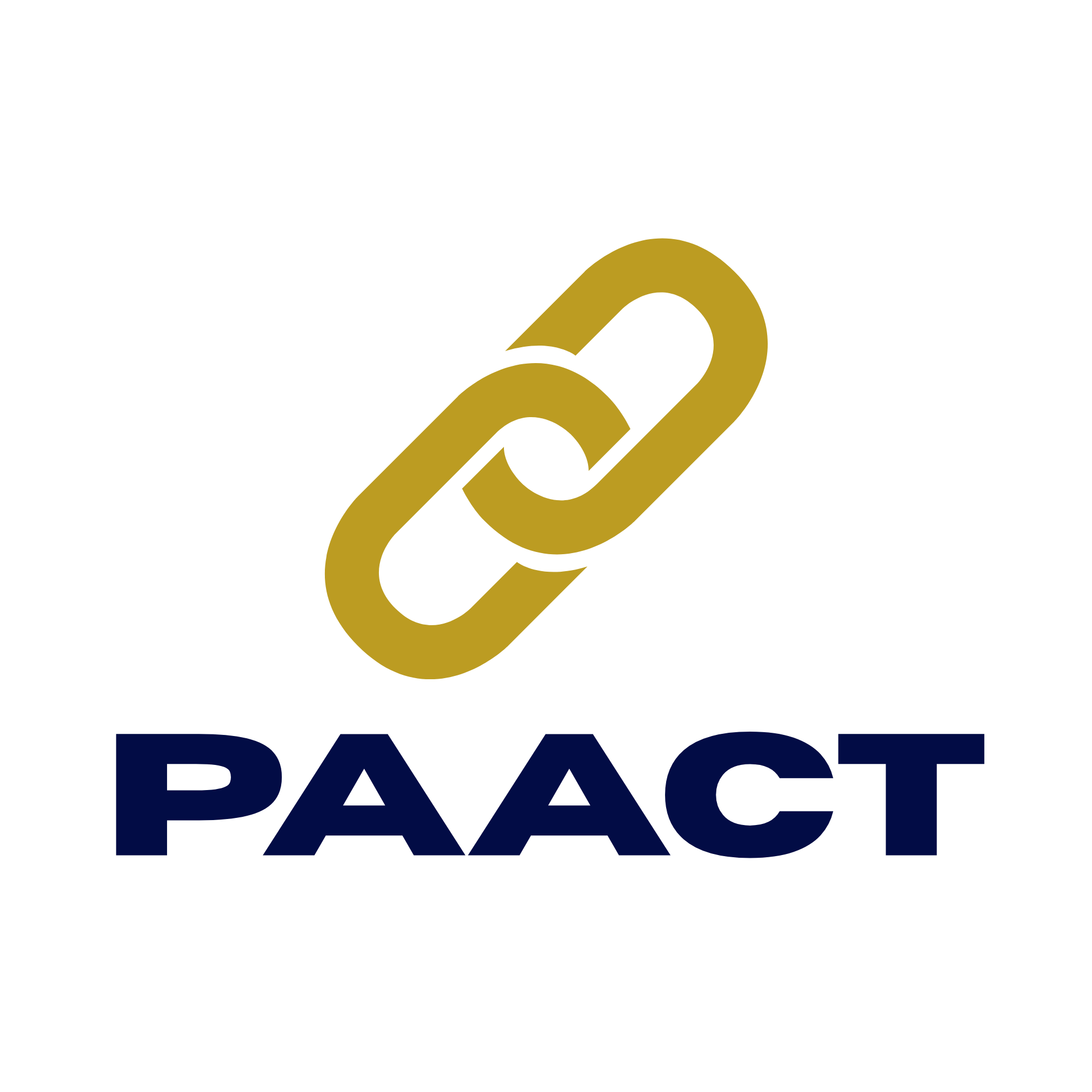 Logo featuring a gold chain link above the text 'PAACT' in navy blue against a black background.