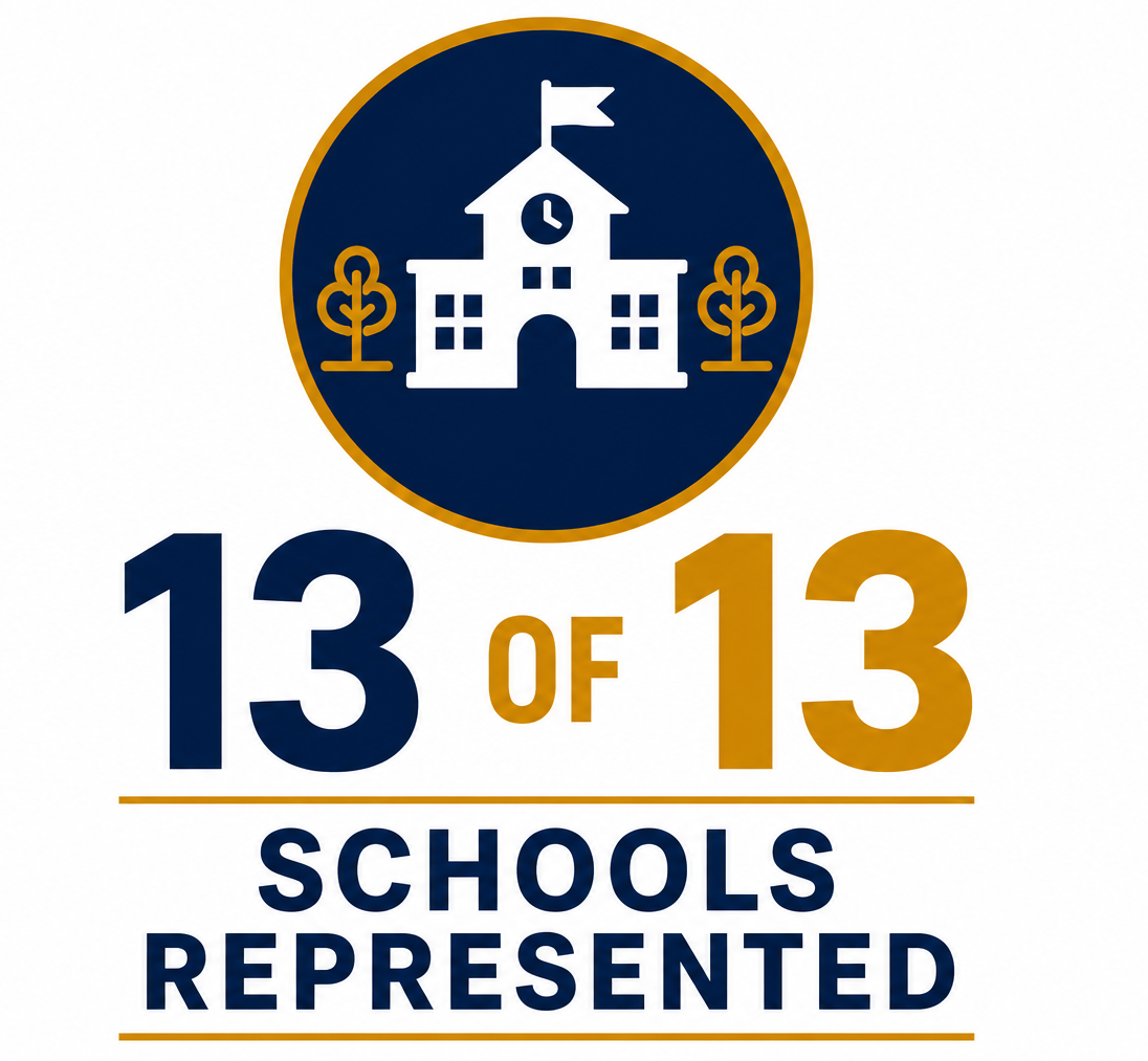 Logo with a school building and two trees, with the text '13 of 13 Schools Represented' below.