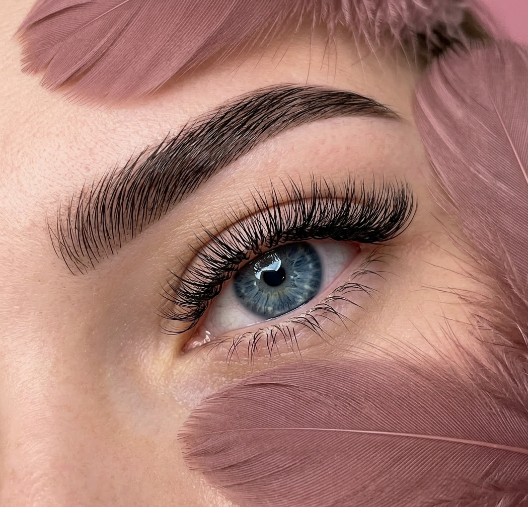 Close-up of a blue eye with long eyelashes, a well-defined eyebrow, and pink feathers surrounding the eye.