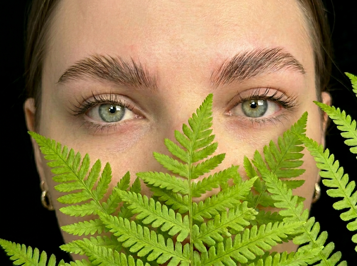 A close-up of a person's face with blue eyes and eyebrows, partially obscured by green fern leaves.