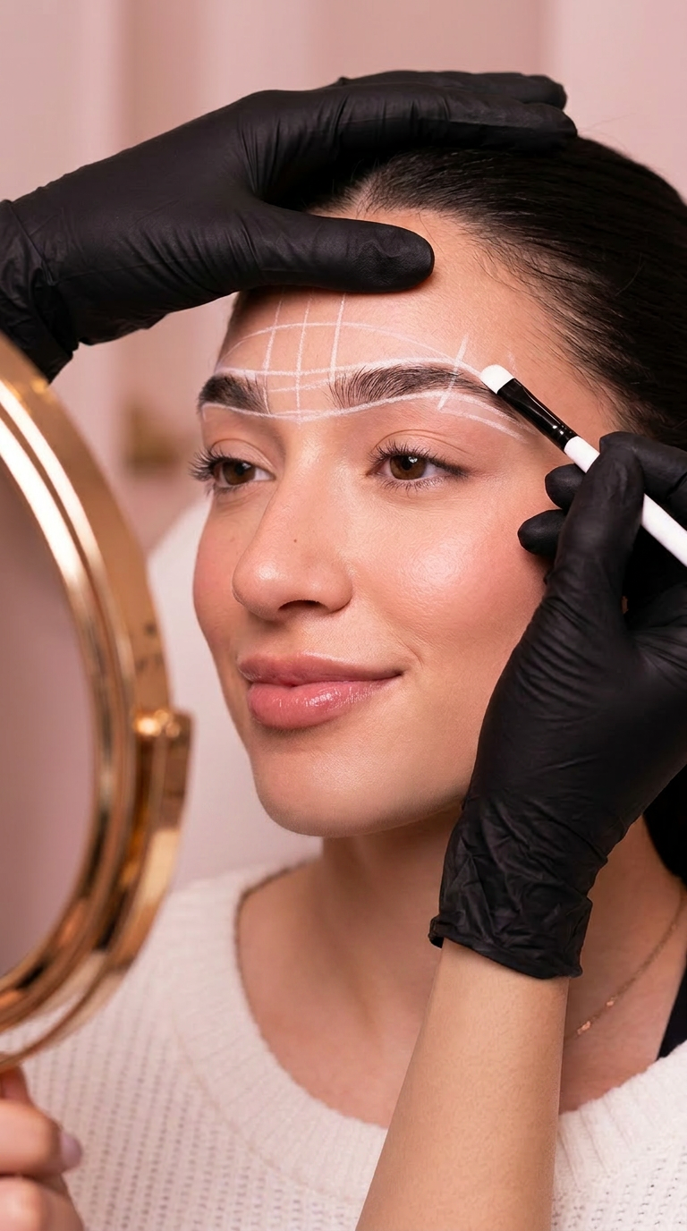 A woman getting her eyebrows outlined with white marker by a professional wearing black gloves, preparing for an eyebrow tattooing procedure.