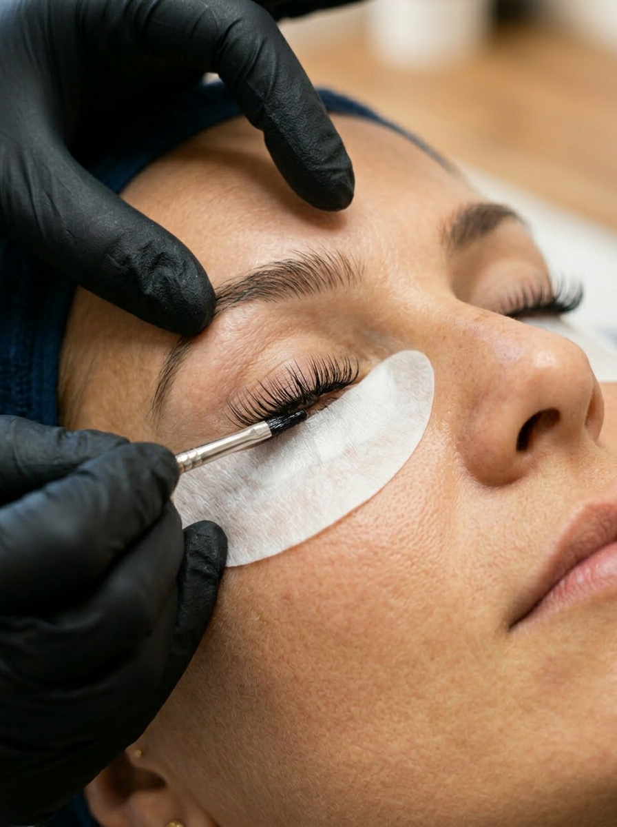 A person receiving eyelash extensions, with a technician applying adhesive to the eyelash line using a small brush, while underneath, a protective under-eye pad is in place.