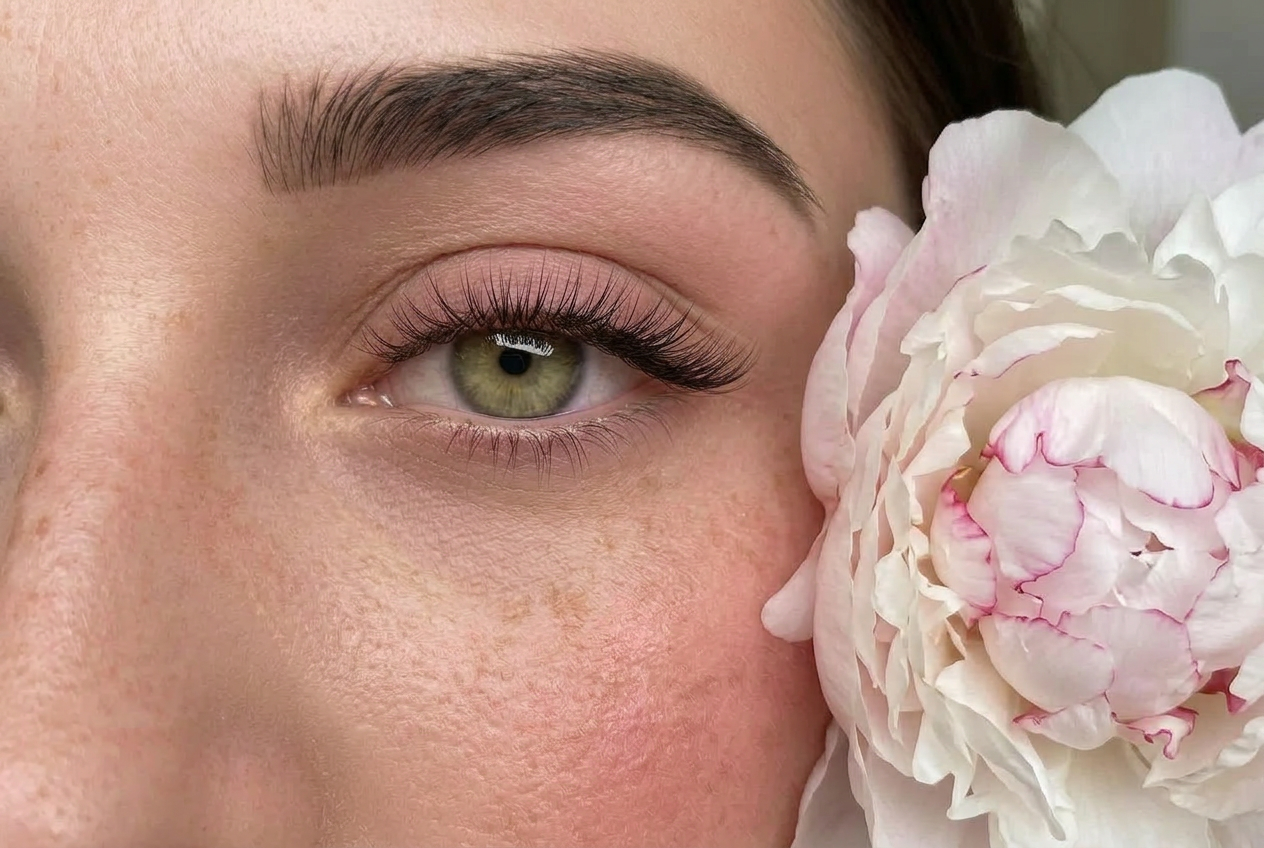 Close-up of a woman's face showing her eye and cheek with a large white and pink peony flower next to her face.