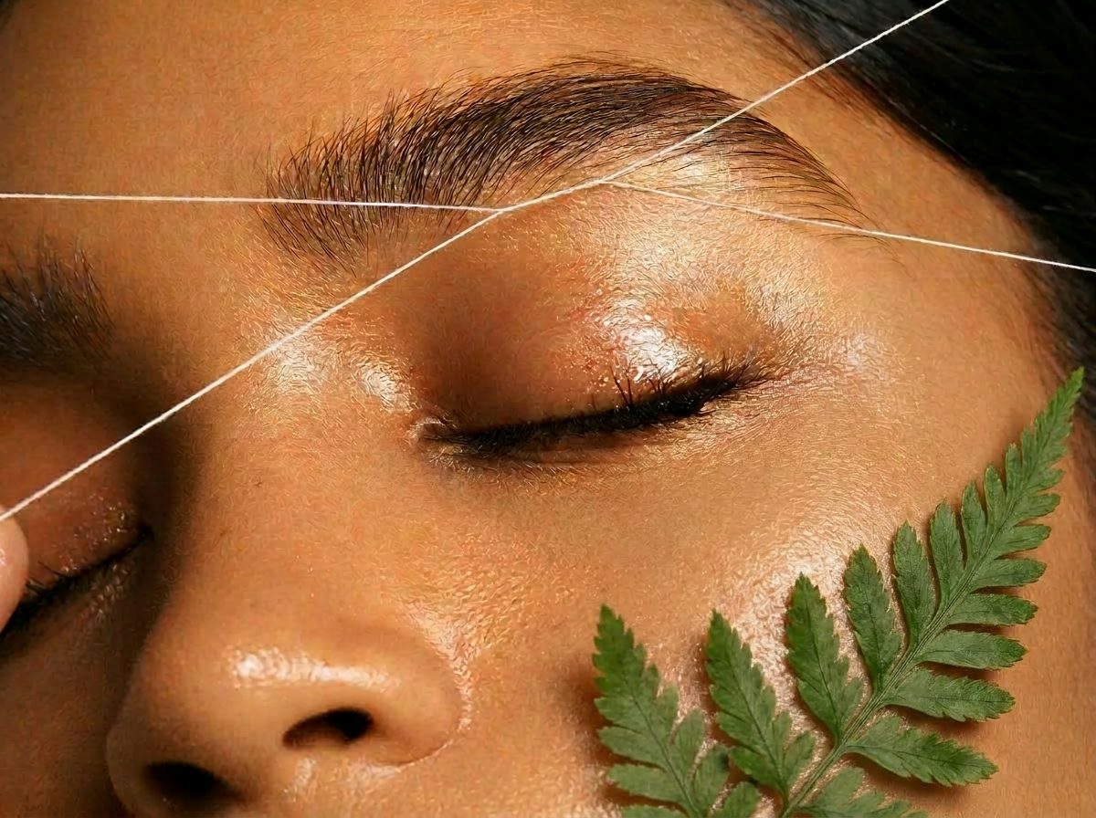 Close-up of a person's face with closed eyes, receiving acupuncture treatment with a thin needle near the eye, accompanied by a green fern leaf on the cheek.