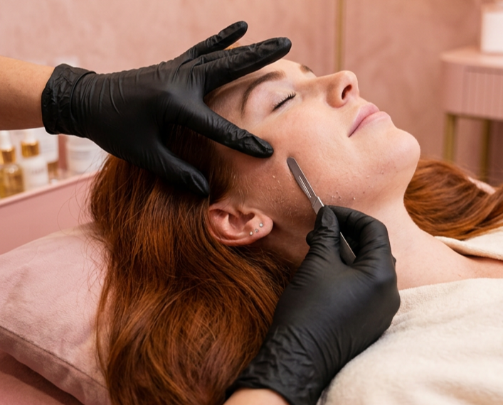 A woman is receiving a facial treatment, with a cosmetic professional using a small tool on her cheek and gently holding her forehead.
