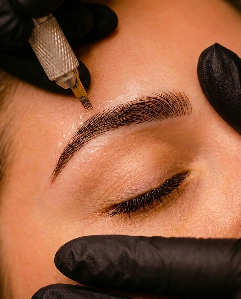 A person receiving permanent makeup tattooing on their eyebrows using a tattoo machine, with gloved hands stabilizing the process and the person's eye closed.