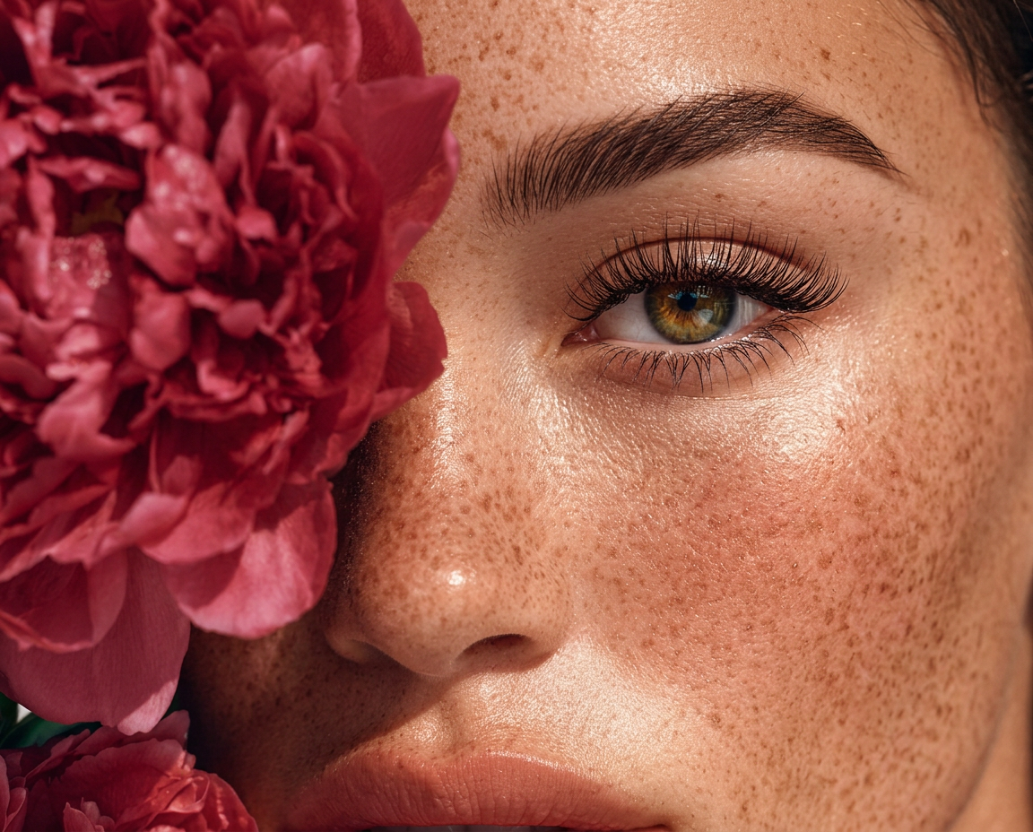 Close-up of a young woman's face with one eye visible, surrounded by pink flowers, showing her freckled skin and natural makeup.