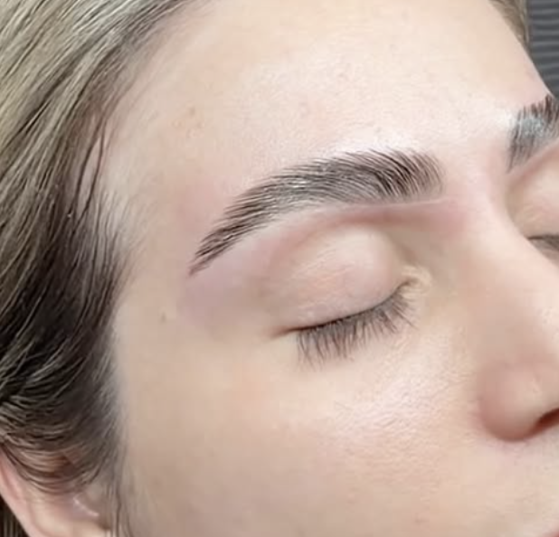 Close-up of a person's face showing a well-groomed eyebrow and closed eye.