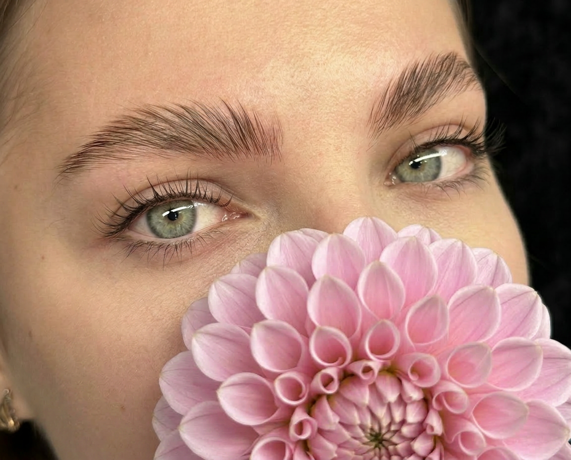 Close-up of a woman holding a pink dahlia flower in front of her face, partially covering her nose and mouth. She has light skin, green eyes, and well-groomed eyebrows.