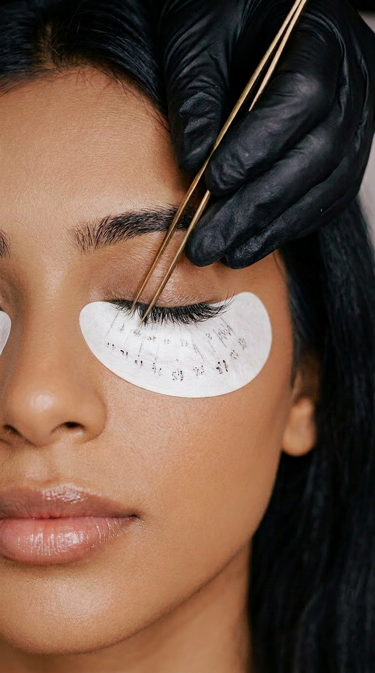 A woman is having her eyebrows shaped by a professional using tweezers, with protective eye pads under her eyes and black gloves on the professional's hands.