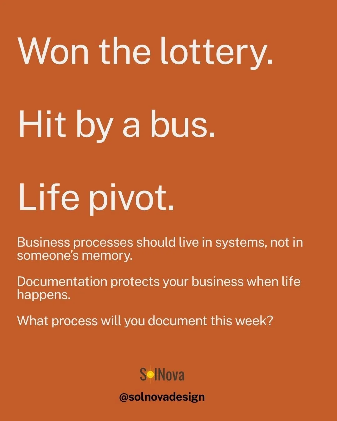 If Your Business Depends on One Person, You Have a Risk Problem. Processes should live in systems, not in someone's memory. Documentation protects your business when life happens.

What process will you document this week?

#solnova #infosec #informa