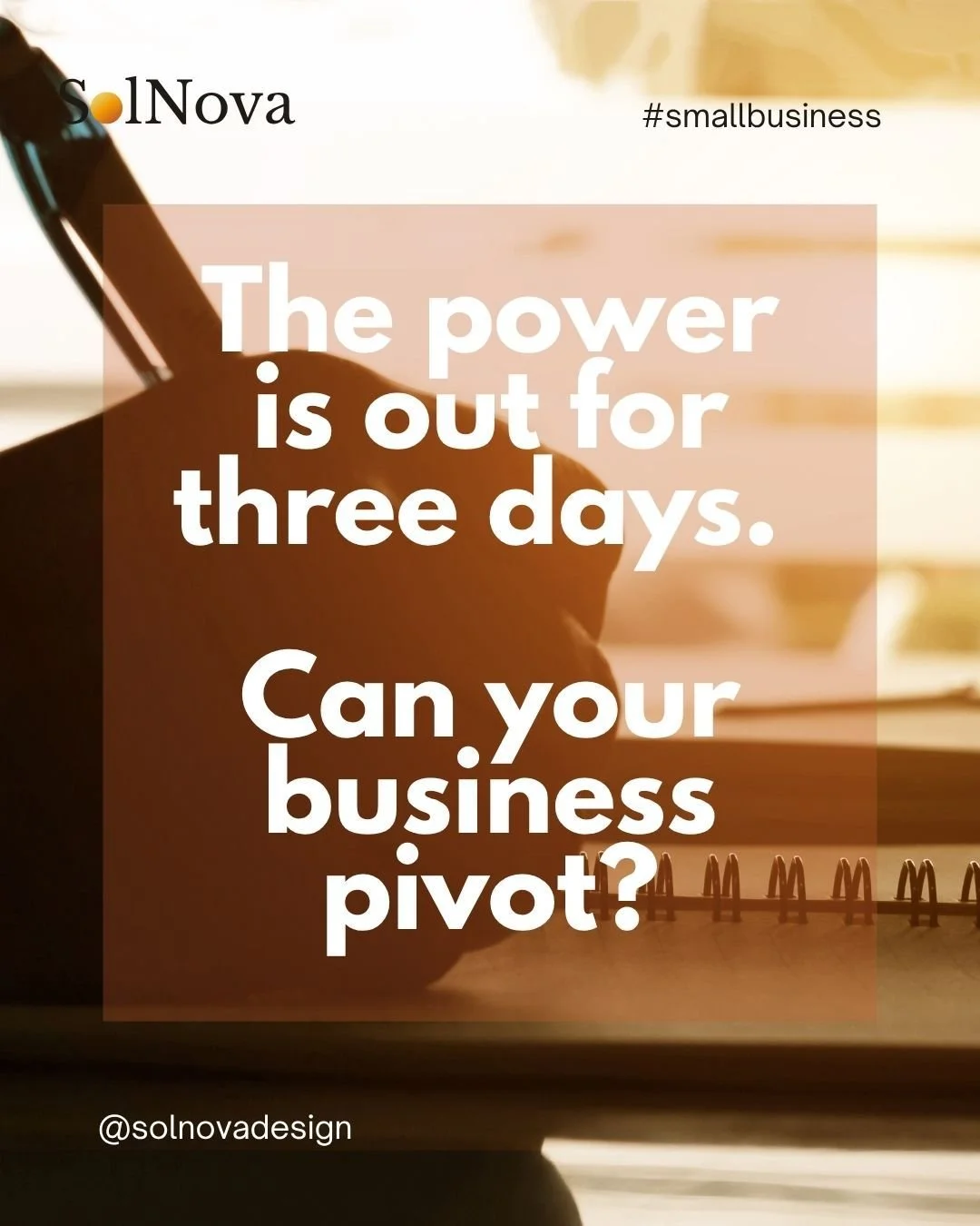 Think through refrigeration, kilns and equipment, your point-of-sale, your internet.

What stops? What can you do by hand? Who do you need to call?

Writing down your workarounds and sharing with your team ahead of time turns a crisis into an inconve