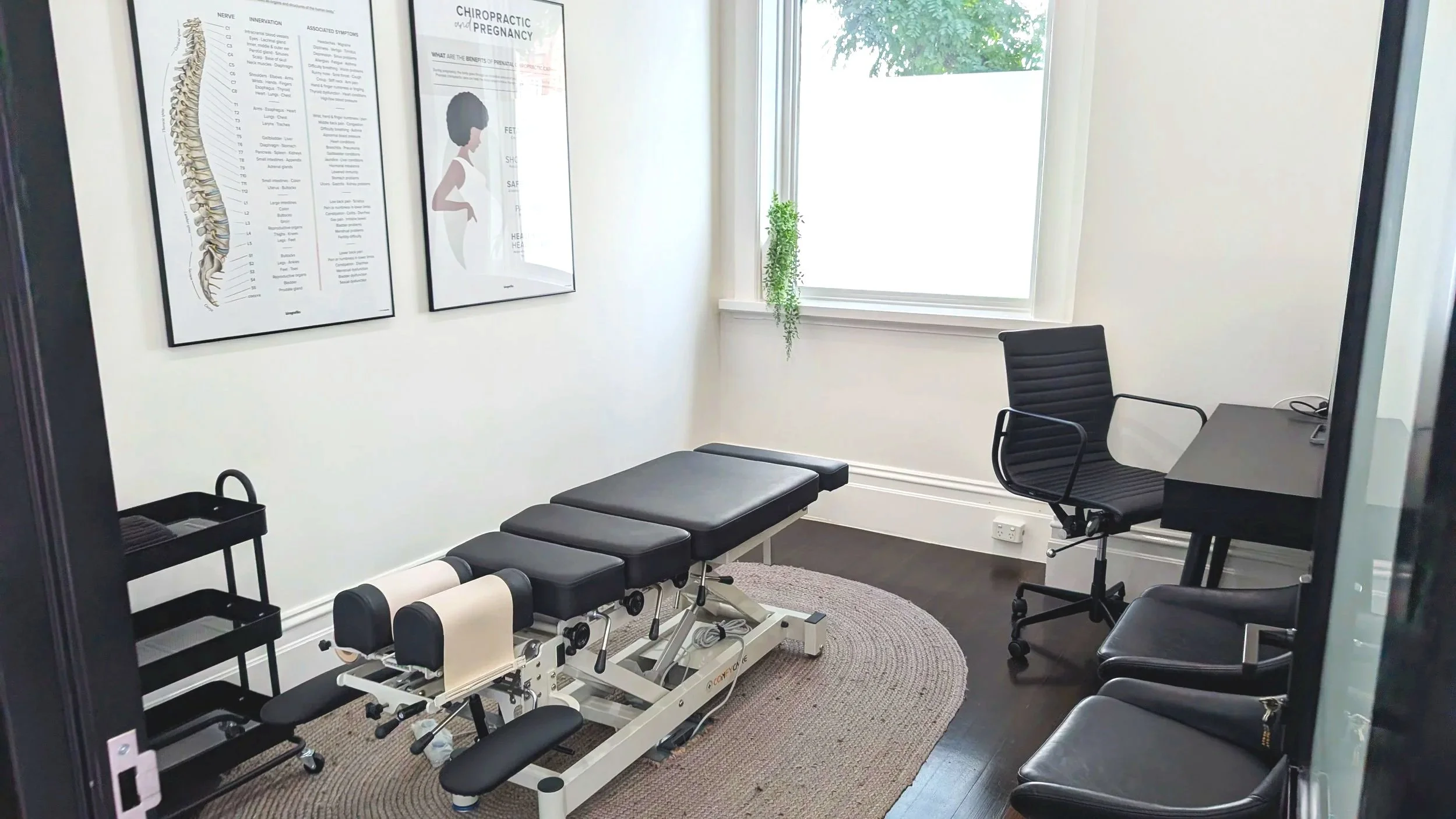 Stretch room with desk, chair and table for stretching