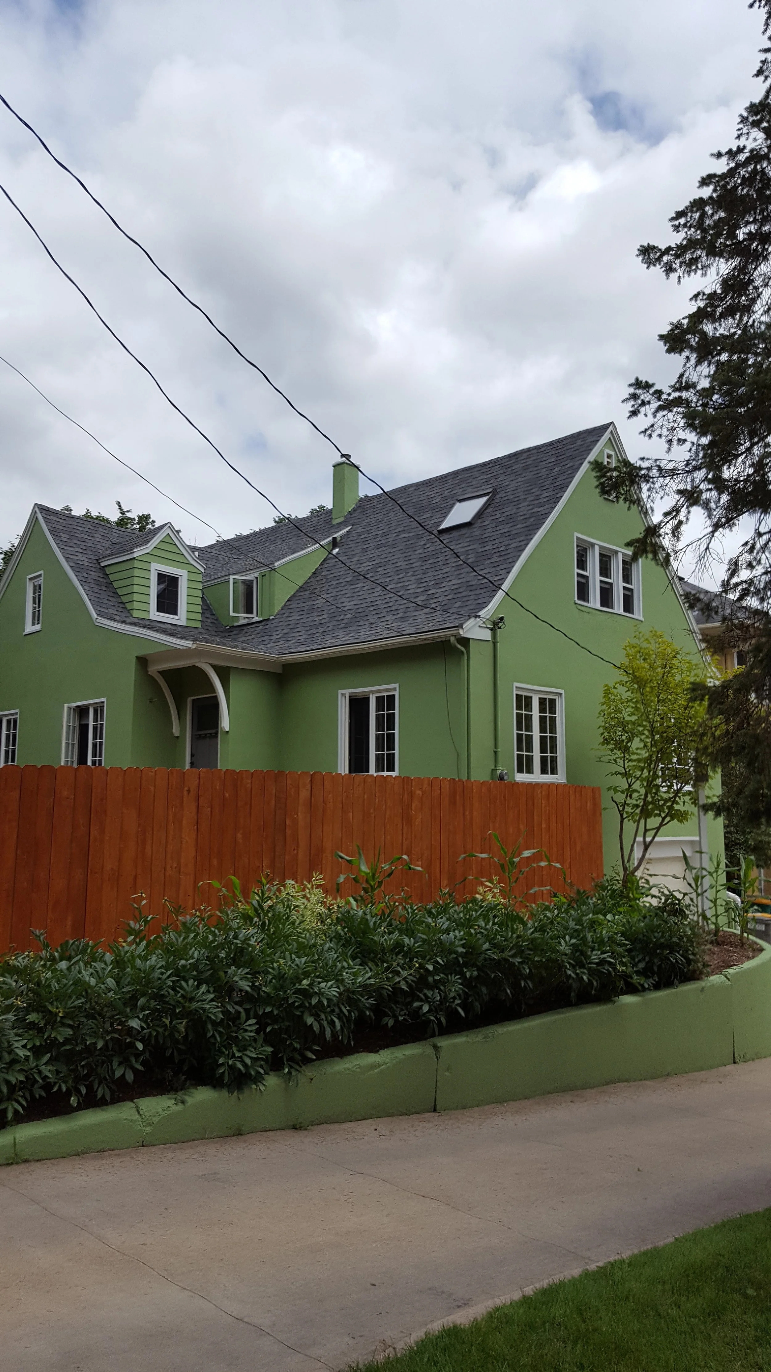 A green house with a grey shingle roof and white window frames, surrounded by a wooden fence and garden with bushes. Overcast sky with clouds.