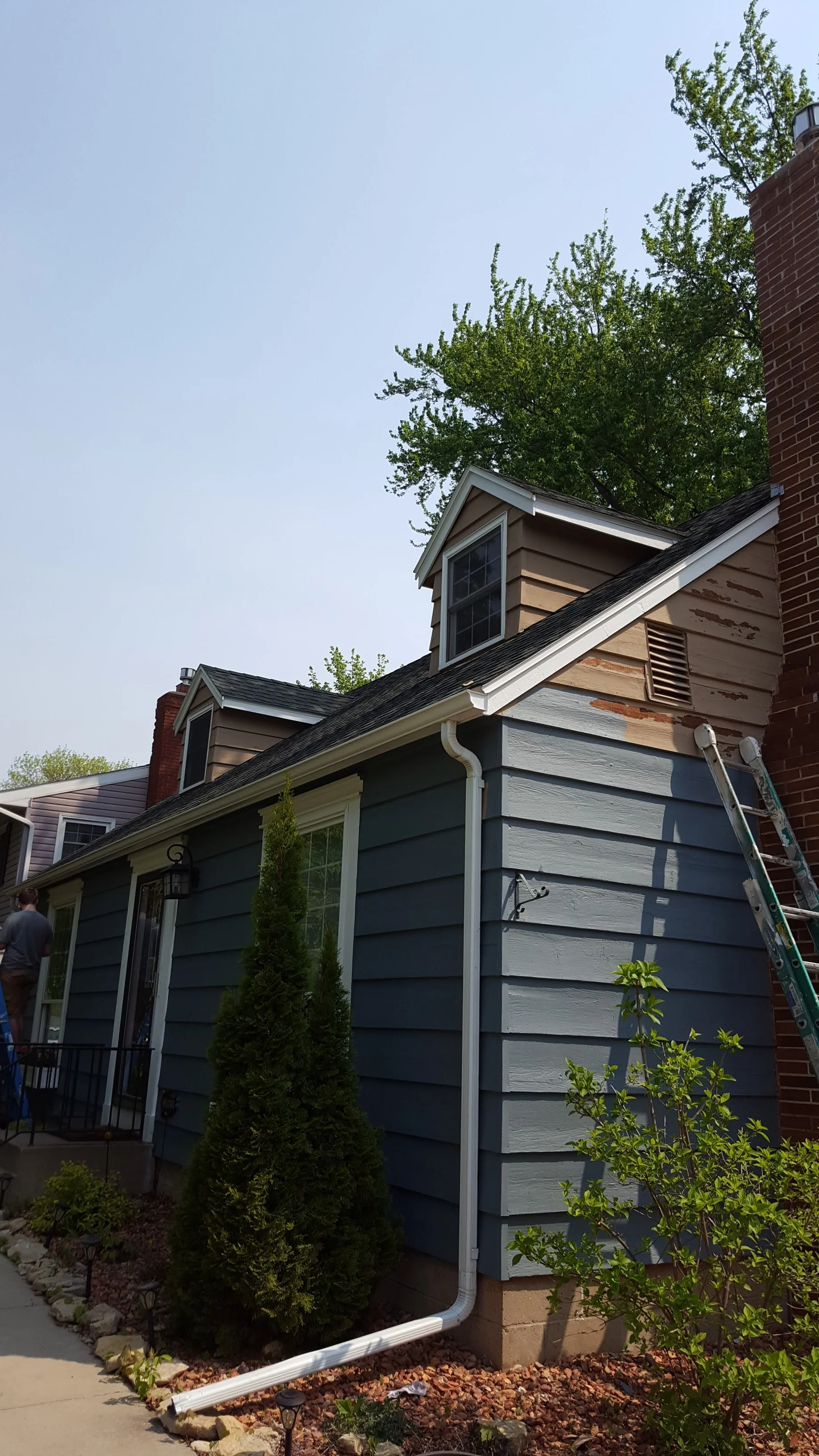 A house with blue siding, a small window dormer in the roof, and a brick chimney. A ladder leans against the house, and there is some damage to the wood siding near the roofline. Front yard with plants and landscaping.