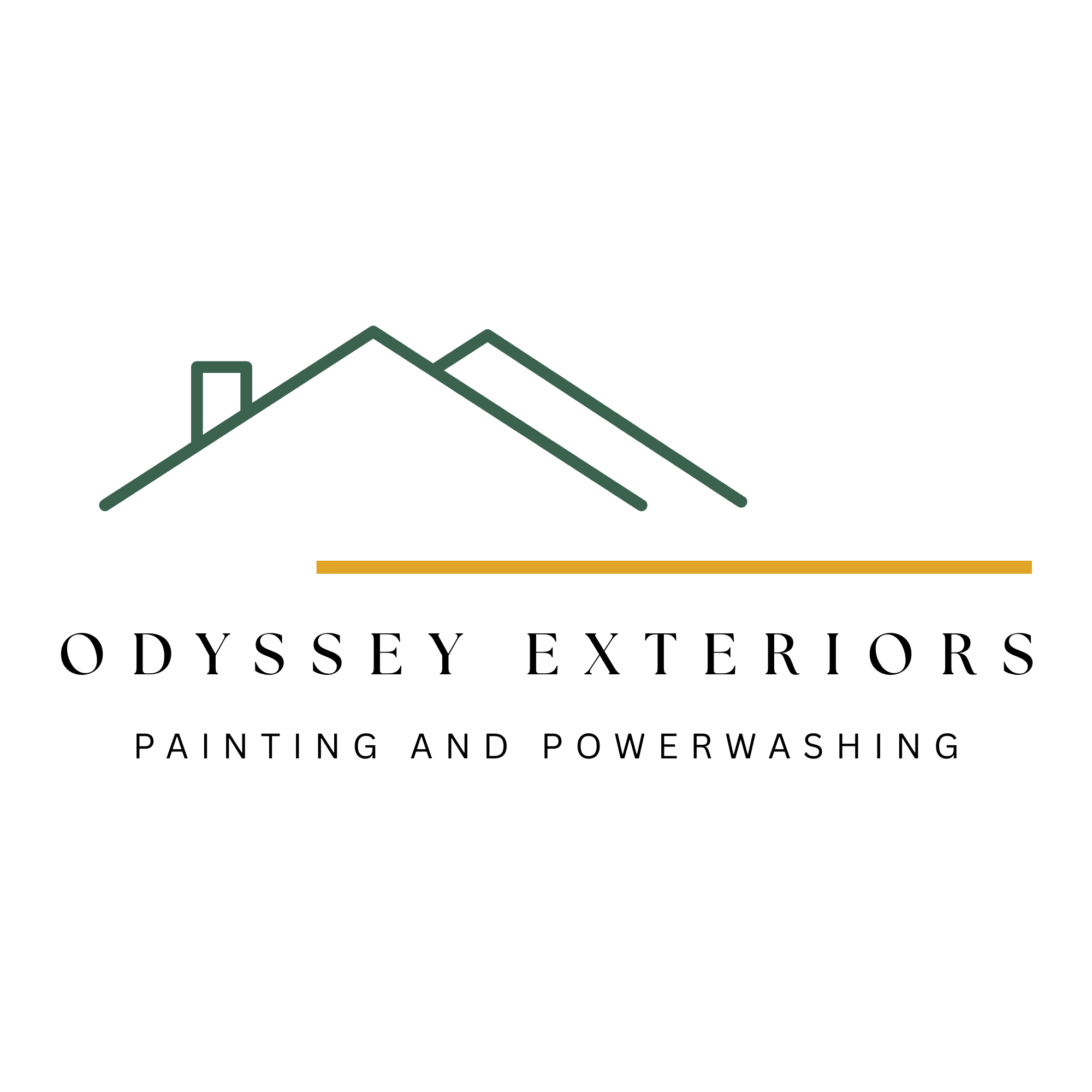 Logo for Odyssey Exteriors featuring a line drawing of a house roof and chimney with the business name and tagline