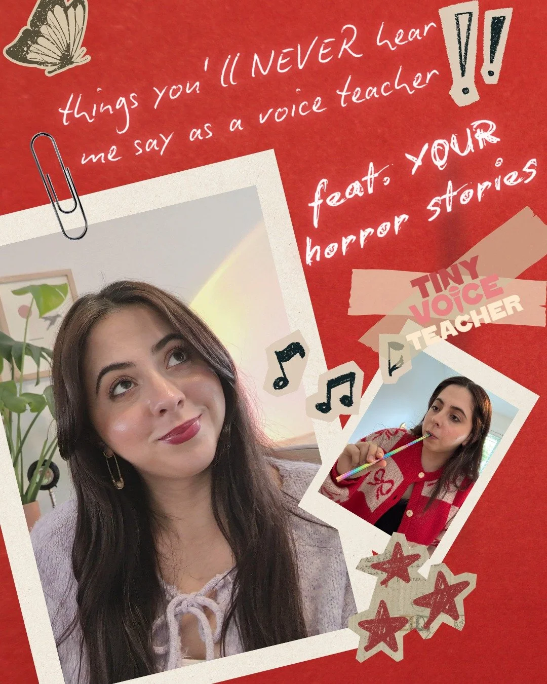 past voice teacher trauma is so real.... here are some things you can expect I will literally never say in a voice lesson.... or anywhere for that matter! 

If you're interested in some summer lessons, send me a DM :)