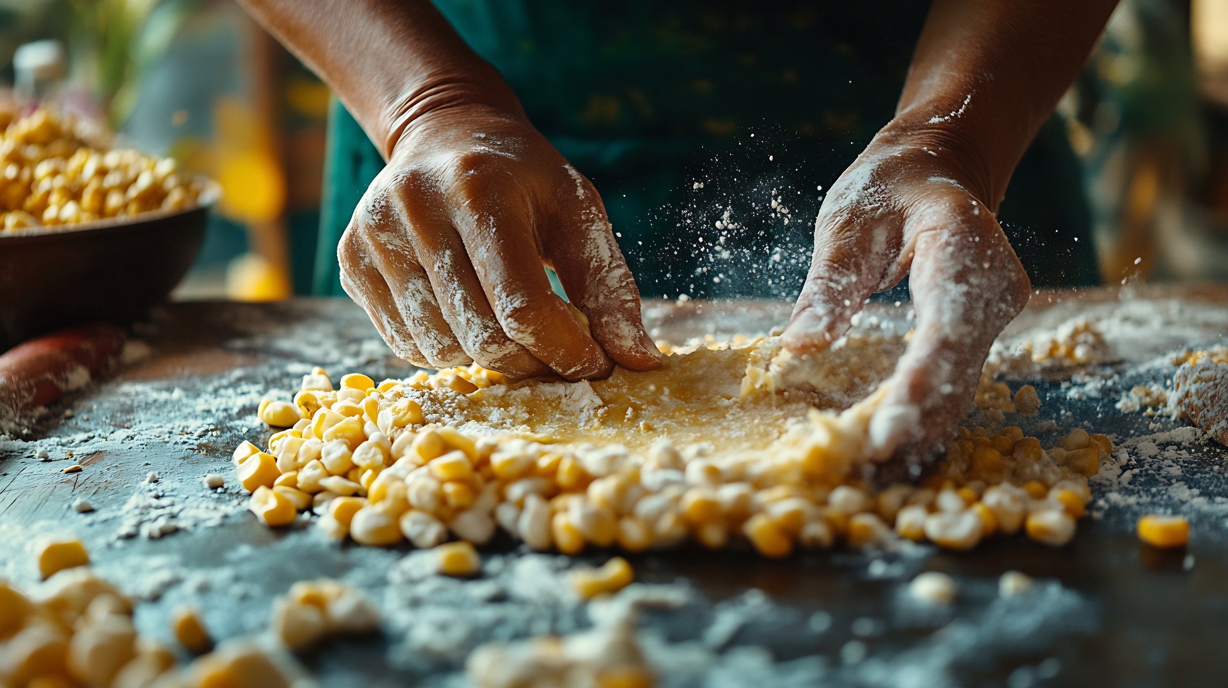Hands kneading dough on a floured surface with corn kernels nearby, flour flying in the air.