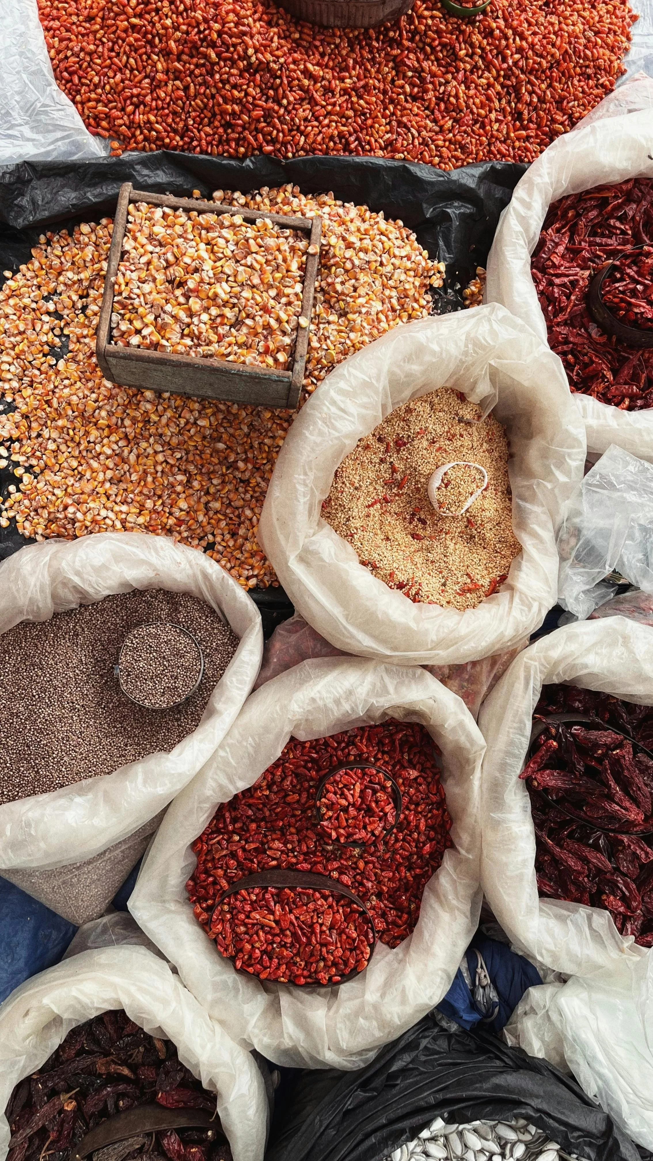 Various dried chili peppers and chili seeds in open bags and containers, arranged on a market table.