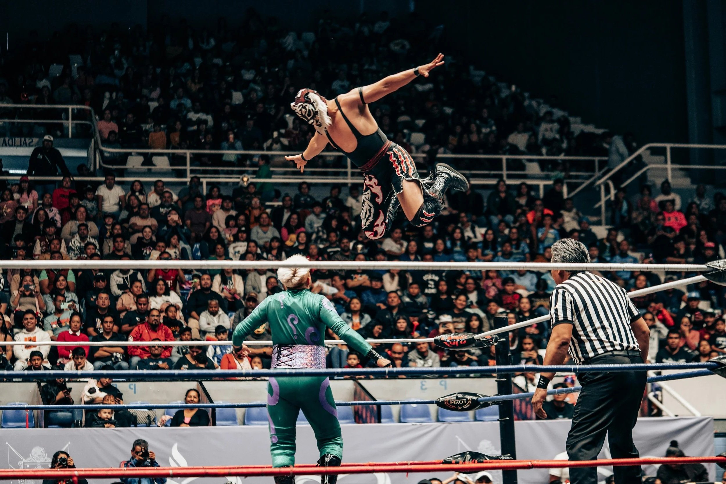 A professional Lucha Libre wrestler performing a mid-air move in the wrestling ring during a match, with a large crowd watching in the background.